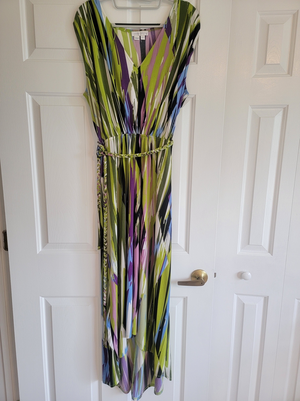 London Times Multicolor Striped Maxi Dress with Neon Trim, Size 12